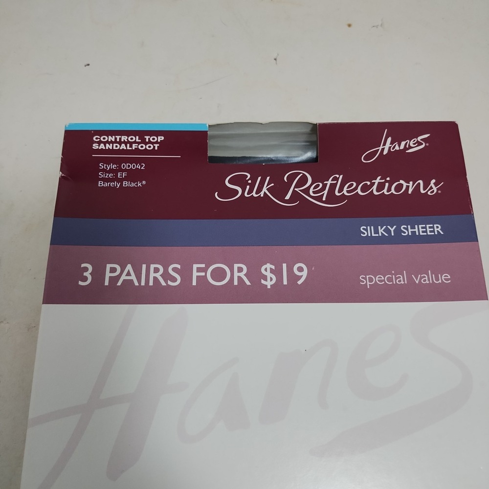 3 Hanes Silk Reflections Sheer Pantyhose Control Top 0D042 Size EF Barely Black - Picture 4 of 8